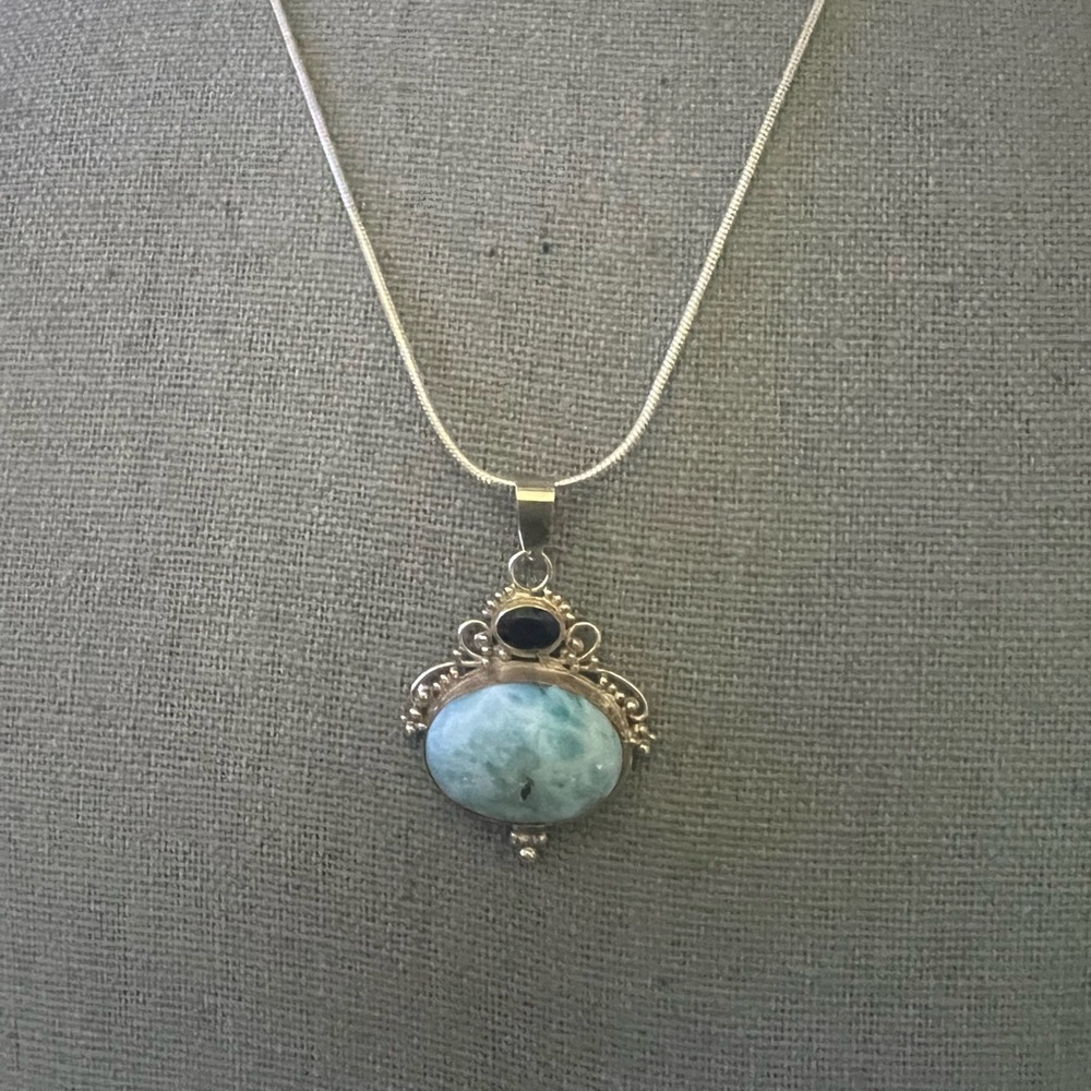 Vintage .925 Sterling Silver and Blue Larimar n Sapphire Pendant Necklace
